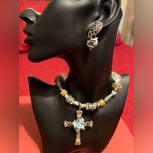 Elegant gold and turquoise cross necklace and matching earrings